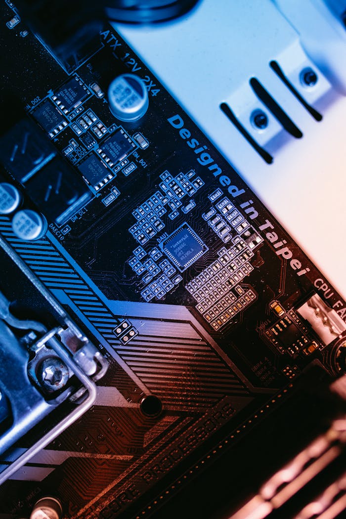 Macro shot of a computer motherboard focused on chips and circuits, designed in Taipei.